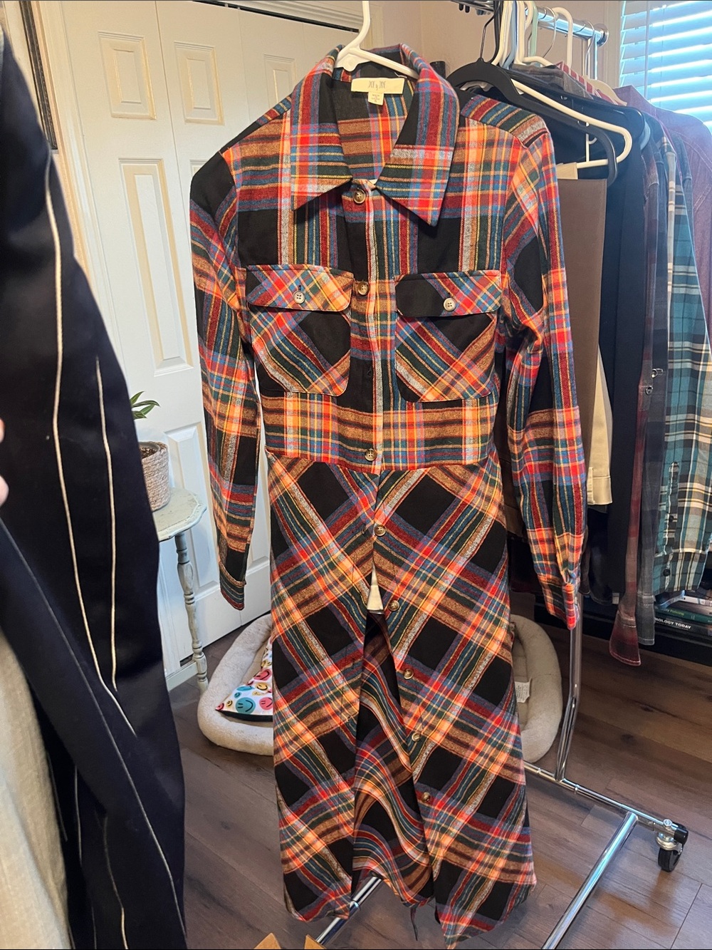 Plaid Longline Shirt Jacket in Black and Orange
